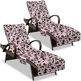 NISDOING Lounge Chair Towel Cover, (Pack of 2), Beach Chair Cover with Pockets, Pool Chair Covers for Outdoor Beach Furniture Sun Lounger, No Sliding, 85 X 30 in, Leopard Pink Black White