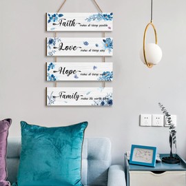 KAIRNE Inspirational Phrase Wall Art Sign,Faith Love Hope Family Wall Art,Blue Flower Wood Sign,Positive Wall Hanging Sign,Motivational Quotes Wall Plaque Decor for Living Room Bedroom Kids Room Decor
