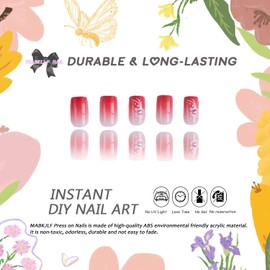 Pink Obrem Press on Nails Medium Square MABKJLF French Tip False Nails Pink Fake Nails White Flower Designs Glossy Glue on Nails Acrylic Nails Artificial Nails for Women Girls 24 Pcs