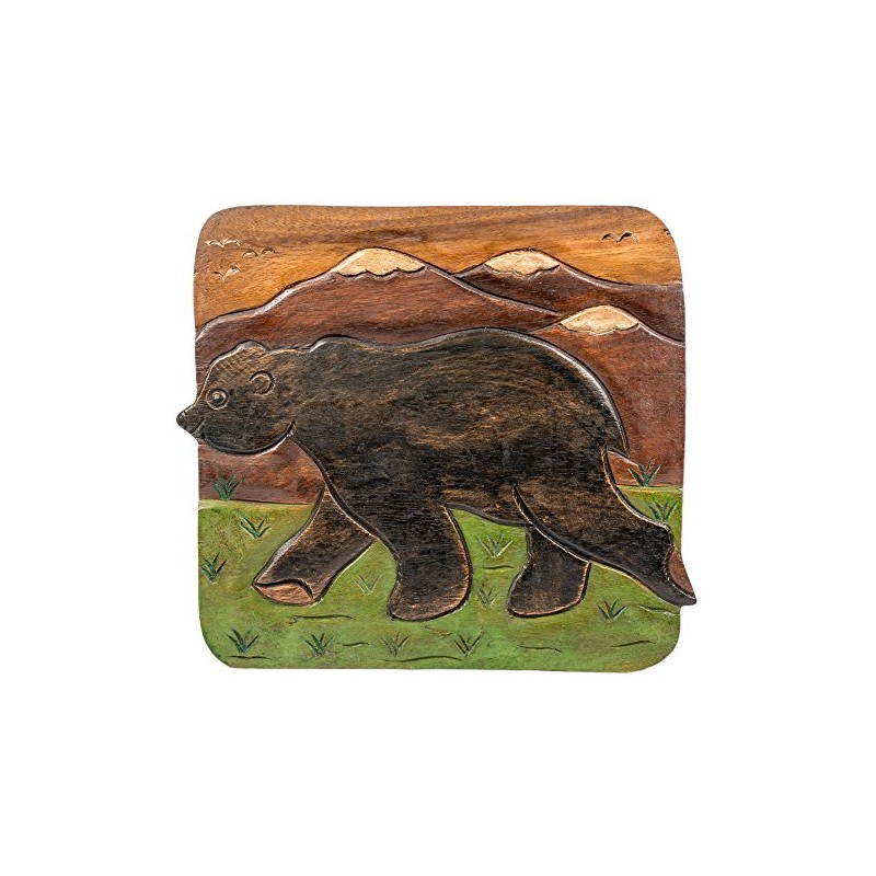 Bear in Mountains Design Hand Carved Acacia Hardwood Decorative Short