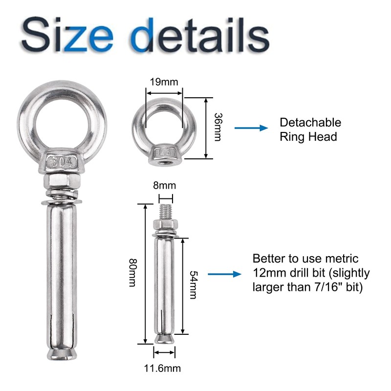 INCREWAY Expansion Bolt, 4 Pcs 304 Stainless Steel Ring Anchor