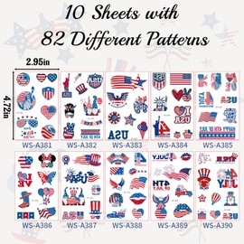 PWMENLK 82 PCS Glitter 4th of July Temporary Tattoos American USA Flag Patriotic Fake Tattoo Sticker Red White and Blue Party Supplies for Kids Women Men Memorial Day, Independence Day, Labor Day