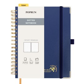POPRUN Dotted Spiral Journal Notebook, 7-1/4" x 9-1/2" - 120 GSM Thick Paper, 220 Numbered Pages, Hardcover for Men & Women with Pocket, Index Tabs, 8 Perforated Sheets, Navy Blue