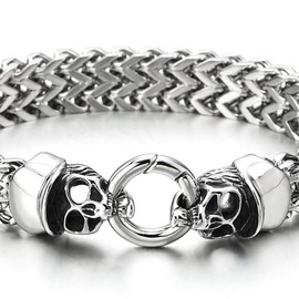 COOLSTEELANDBEYOND Gothic Mens Stainless Steel Cap Skull Franco Link Curb Chain Bracelet, Spring Ring Clasp 8.7 Inches(CA)