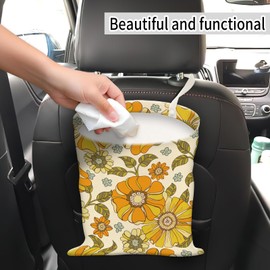 AUEKLLW Car Trash Can, Hanging Garbage Bin for Men and Women, Cute Car Organizer and Storage Bag, Canvas Vehicle Trash Can Bag Easy-to-Install Boho Yellow Flowers