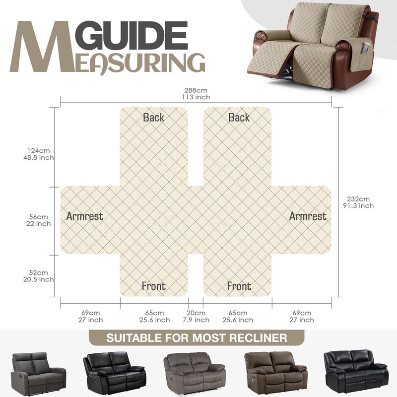 KinCam Waterproof Loveseat Recliner Cover, Non-Slip Reclining Couch Covers for
