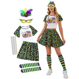 Leevuyu Women Mardi Gras Costume Outfits Crop Top Skirt Sets with Socks Mask Headband Necklace LYY026-2-XL