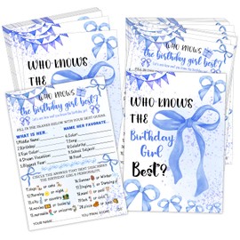 Who Knows The Birthday Best - Blue Birthday Party Games Card Set of 20 - Birthday Night Games Creative Idea - Blue Bow Themed Sleepover Slumber Party Supplies