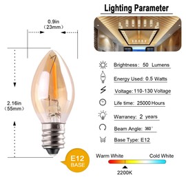 C7 LED Bulb, 0.5W Light Candle Bulbs, Amber Glow 5w Incandescent Replacements E12 Candelabra Base led Filament Night Bulb Ultra Warm White 2200K Decorative String Edison Lamp Non-Dimmable 5 Pack