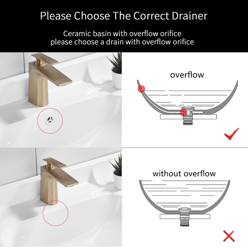 WOMAO Gold Sink Drain Fitting, Pop-Up Drain Valve with Overflow