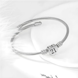 KunBead 21st Birthday Love Heart Bracelets for Women Expandable Lucky Number Age Bangle Cuff Stainless Steel Bracelet
