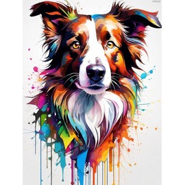 IPISSOI DIY 5D Dog Diamond Painting Kit for Beginners and Adults, Border Collie Gemstone Art, Colorful Animals Diamond Crafts, Diamond Art Kit for Home Office Decoration 12x16inch