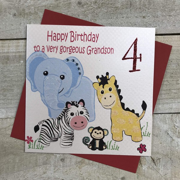WHITE COTTON CARDS Handmade Happy Gorgeous Grandson 4" Safari Animals 4th Birthday Card, White, GL221-gs4