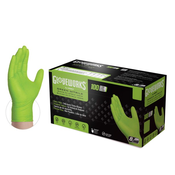 GLOVEWORKS HD Industrial Green Nitrile Gloves with Raised Diamond Texture Grip, Box of 100, 8 Mil, Size Large, Latex Free, Powder Free, Textured, Disposable, Food Safe, GWGN46100BX