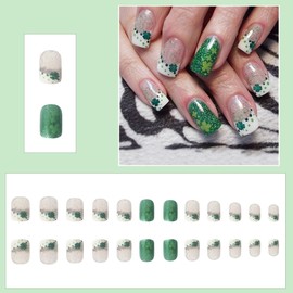 24Pcs St. Patrick's Day Press on Nails Short Square French Tip Fake Nails Green Shamrock Glitter Full Cover Tips Stick on Nails Artificial Nude Acrylic False Nails for Women Manicure Art Accessories