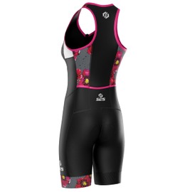 SLS3 Triathlon Suits Women - One Piece Tri Suit Women with Comfortable and Durable FRT Fabric - No Shelf Bra (Black/Fuchsia Poppies, Small)