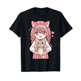 Anime Girl with Cat Kawaii Cat Lover Otaku T-Shirt