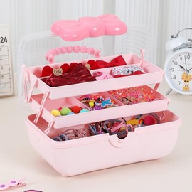 Huniupore Hair Accessories Organizer for Girls Headbands, Clips, Ties Baby Girl Supplies, Lockable Three-layer Folding Craft Organizers and Storage Plastic Jewelry Box,10.8 * 5.9 * 5.7in (Pink)