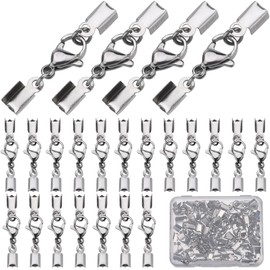SUNNYCLUE 1 Box of 40 Sets Foldable Cord Ends Crimp Bracelet Clasps Leather Clasps and Clasps Stainless Steel Lobster Clasps Cord Clips End Caps Terminators Crimp End Tips for Jewellery