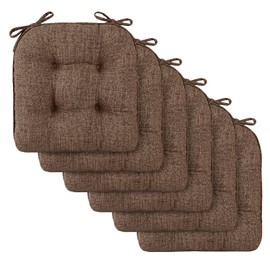 downluxe Indoor Chair Cushions for Dining Chairs, Tufted Overstuffed Textured Memory Foam Kitchen Chair Pads with Ties and Non-Slip Backing, 15.5" x 15.5" x 4", Brown, 6 Pack