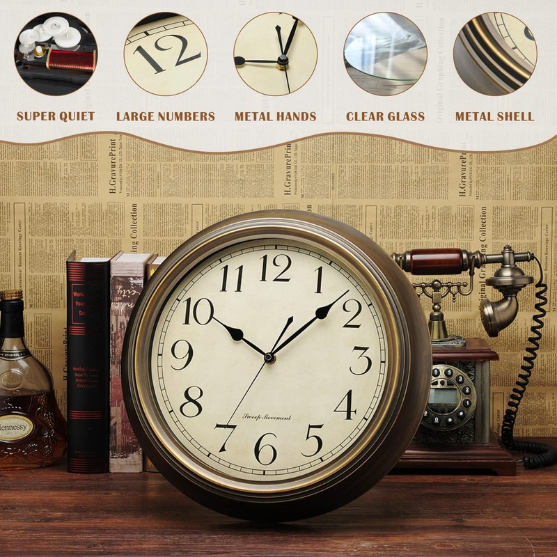 Plumeet Metal Wall Clock, 13'' Non Ticking Classic Silent Iron