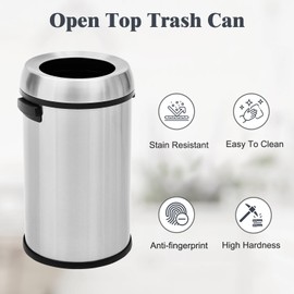 Takywep 17 Gallon/65 Liter Round Open Top Trash Can, Commercial Grade Heavy Gauge Trash Bin, Stainless Steel Garbage Can, Perfect for Kitchen, Office, School, Restaurant, Silver