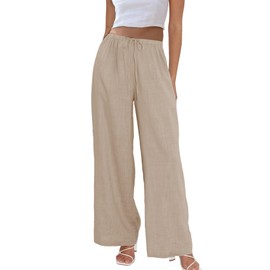 Duyang Womens Cotton Linen Palazzo Pants Drawstring Elastic Waist Casual Wide Leg Trousers with Pockets(Khaki,XS)
