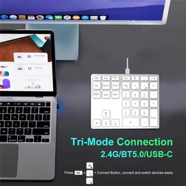 LINKEET Tri-Mode Aluminum Numpad 7-Color Backlit Bluetooth 5.0/Wired USB-C/2.4G Wireless Number Pad Slim 35-Key Rechargeable Numeric Keypad External Keyboard Num Pad for Laptop, Mac - Silver White