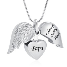 VCCWYQK Angel Wings Heart Urn Necklaces for Ashes Keepsake Pendant for Men and Women Cremation Jewellery, Stainless Steel, No Gemstone
