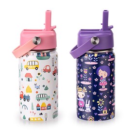 12oz Kids Insulated Water Bottle,Double Wall Vacuum Tumbler,18/8 Stainless Steel Leak Proof Kids Cups with Straw,Metal Water Bottle for School Boys Girls,Car and Girl