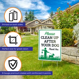 Clean Up After Your Dog Signs, (2 Pack) Double Sided 9x12 Inches, Corrugated Plastic with Metal H Stake, Made in USA by Sigo Signs