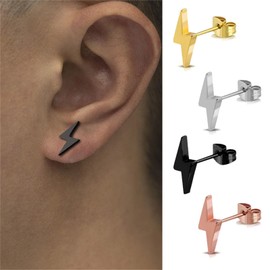Dreuyet 4 Pairs Stainless Steel Lightning Stud Post Earrings for Women Men Tiny Bolt Lighting Flash Thunder Button Studs Earrings Punk Cool Party Jewelry, tiny, Stainless Steel, No Gemstone