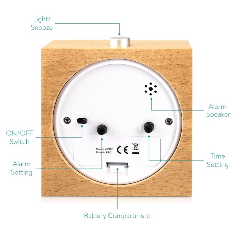Navaris Analogue Wood Alarm Clock - Retro Table Clock with