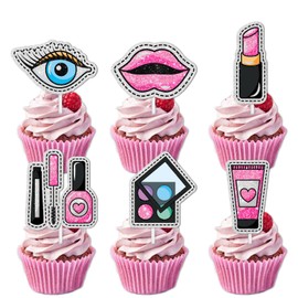 18pcs Pink Glitter Dessert Cupcake Topper for Make Up Cosmetics Long Eyelashes Big Eyes Pink Lip Theme Decor Supplies Lady Woman Girls Happy Birthday Bachelor Wedding Party Decoration