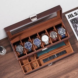 Watch Case for Men, 6 Slot Watch Display Case with Clear Glass Lid, 2-Layer Mens Watch Box Watch Holder, 6 Watch Box Organizer, Watch Storage Case With Drawer -Espresso - Colour: Espresso