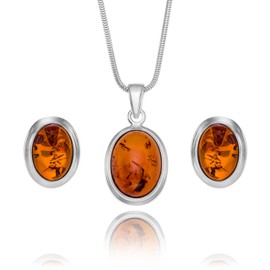 Copal Women's Jewellery Set with Amber Pendant and Earrings Made of 925 Silver with Adjustable Snake Chain, amber, Amber