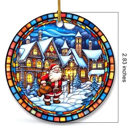 Christmas Ceramic Hanging Ornament in Stained Glass Patterns, Christmas Keepsake Accessories for Xmas Tree Decorations, Retro Style Funny Santa and Snow House Ceramic Ornament for Xmas Decors