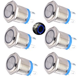 RUNCCI-YUN 6pcs 12-24V 3A 4Pin Waterproof Metal Push Button Momentary Button with Blue Ring LED Light Round Push Button for Cars, Trucks, Ships, Doorbells, Ignition Systems (Flat Head)