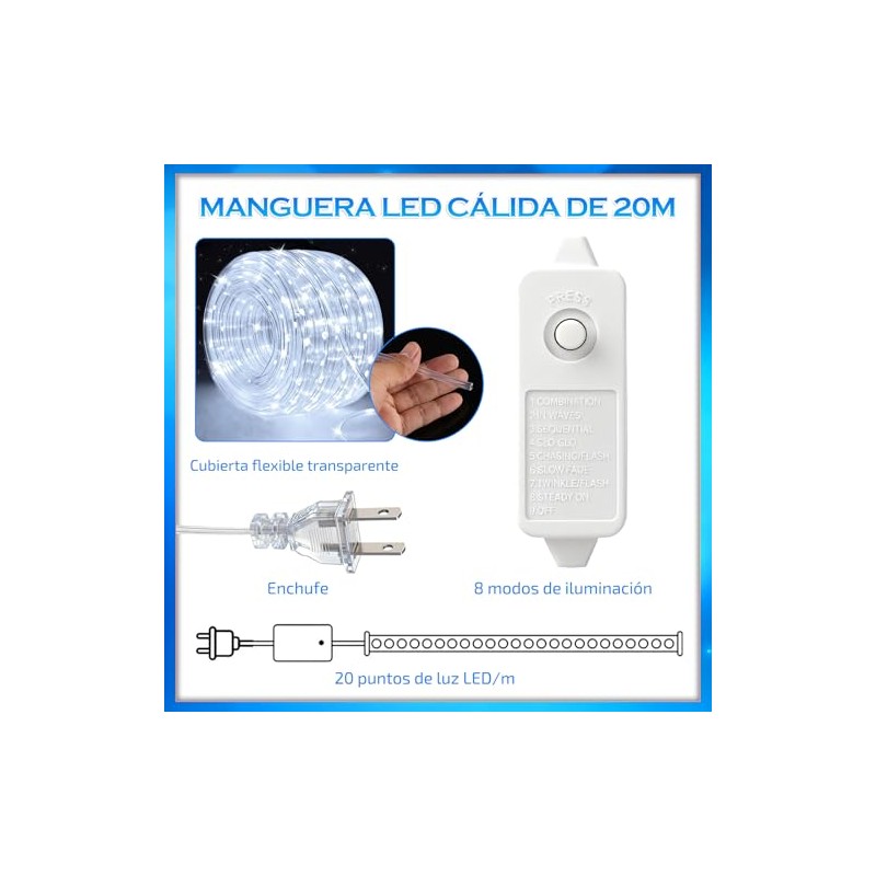 Manguera de Luz Led, 200LED, 8 Modos, IP65 (Luz Fría
