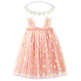 BGFKS Baby Girls Toddler Daisy Tutu Dress,Princess Party Dress with Soft Daisy Flower Headband.(Peach Pink,18 Months)