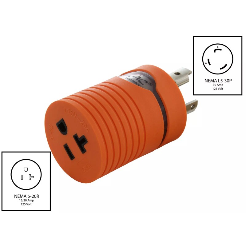 AC WORKS® 30A 125V NEMA L5-30 Male Plug to 20A
