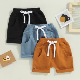 Thilsidee 3 Pack Toddler Baby Boy Girl Solid Color Shorts Elastic Waist Casual Short Trousers Spring Summer Fall Short Pants (A-Blue Brown Black, 12-18 Months)