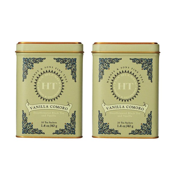 Harney & Son's Vanilla Comoro Tea Tin 20 Sachets (1.4 oz ea, Two Pack) - Decaf Black Tea Blend with Vanilla - 2 Pack 20ct Sachet Tins (40 Sachets)