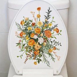 Yellow Flower Clusters Butterfly Toilet Cover Sticker Decals,Spring Flower Leaf Butterfly Waterproof Toilet Lid Tank Seat Decals Cistern Self-Adhesive Bathroom Wall Sticker