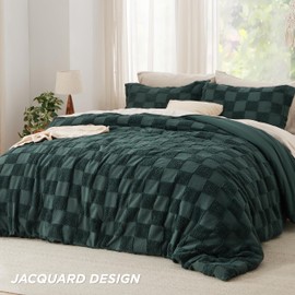 Bedsure Queen Size Comforter Set Emerald, Boho Tufted Bedding Comforter Set, Checkered Farmhouse Shabby Chic Bed Set, 3 Pieces, 1 Plaid Geometric Comforter and 2 Pillow Shams