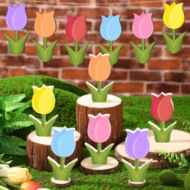 Panelee 30 Pcs Spring Tulip Decor 6 Spring Tiered Tray Decor 24 Wooden Tulip Hanging Ornaments Tulips Flower Table Decor Spring Tree Ornament Wood Signs Centerpieces for Home Spring Easter Decorations