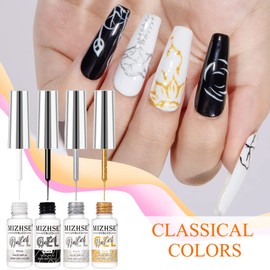 MIZHSE Gel Liner Nail Art Gel Paint Spider Line 4 Pcs, Glitter Silver Gold Painting Swirl French Nail Design Soak off Manicure Set for Nail Art