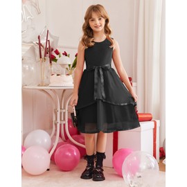 Arshiner Girls Dress Formal Party Fluffy Tulle Sleeveless Belted Black Dresses Size 9-10Y