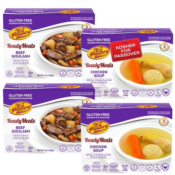 Kosher Gluten Free Food, Matzo Ball Chicken Soup + Beef Goulash - MRE Meat Meals Ready to Eat (4 Pack - Variety) Prepared Entree Fully Cooked, Shelf Stable Microwave Dinner, Emergency Survival, Travel