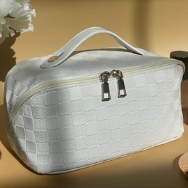 Large Capacity Travel Cosmetic Bag, Travel Makeup Bag, Opens Flat for Easy Access, Toiletry Bag, Vegan Leather, Bridal Shower Gift:_Checkered Cream